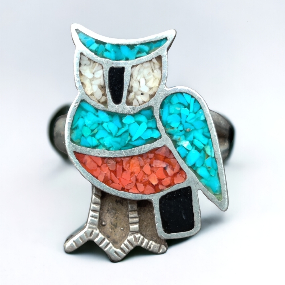 🦉 Antique sterling Zuni native American made turquoise and coral owl ring
